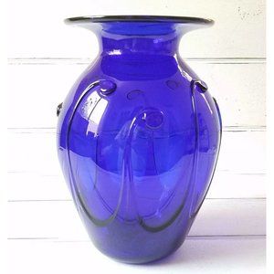 Bruce Cobb Cobalt Blue Glass Vase Lily Pad Pattern, Hand Blown  7” Tall